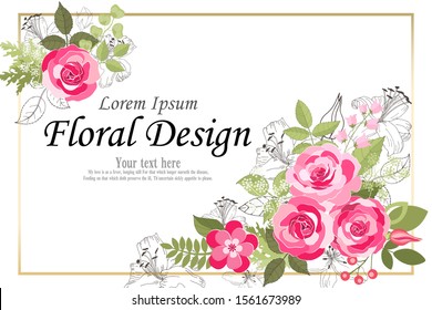 The rose elegant card. Doodle.  Square frame with beautiful bouquet of pink flowers and leaves. Heart. Flower composition. Lily. Invitation of the wedding, birthday. Background. Vector illustration.