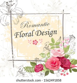 The rose elegant card. Doodle.  Square frame with beautiful bouquet of pink flowers and leaves. Heart. Flower composition. Lily. Invitation of the wedding, birthday. Background. Vector illustration.