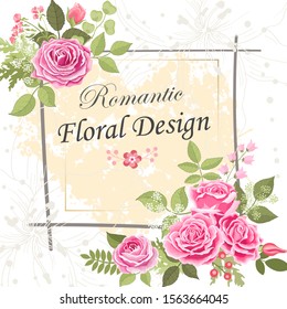 The rose elegant card. Doodle.  Square frame with beautiful bouquet of pink flowers and leaves. Heart. Flower composition. Lily. Invitation of the wedding, birthday. Background. Vector illustration.