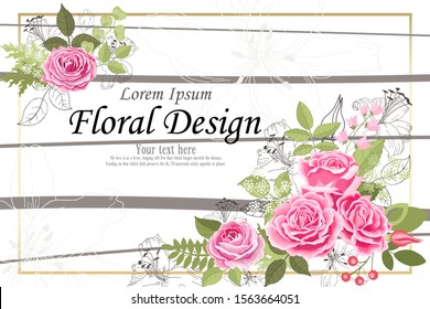 The rose elegant card. Doodle.  Square frame with beautiful bouquet of pink flowers and leaves. Heart. Flower composition. Lily. Invitation of the wedding, birthday. Background. Vector illustration.