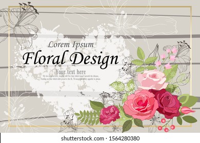 The rose elegant card. Doodle.  Square frame with beautiful bouquet of pink flowers and leaves. Heart. Flower composition. Lily. Invitation of the wedding, birthday. Background. Vector illustration.