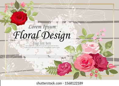 The rose elegant card. Doodle.  Square frame with beautiful bouquet of pink flowers and leaves. Heart. Flower composition. Lily. Invitation of the wedding, birthday. Background. Vector illustration.