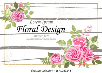 The rose elegant card. Doodle.  Square frame with beautiful bouquet of pink flowers and leaves. Heart. Flower composition. Lily. Invitation of the wedding, birthday. Background. Vector illustration.