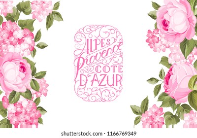 The rose elegant card with frame of flowers and text. Blooming flowers garland for your text presentation. Label of soap package. Badge with flowers. Vector illustration.