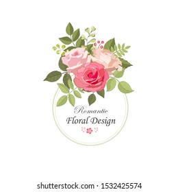 The rose elegant card. Round frame with beautiful bouquet of pink flowers and leaves. Floral arrangement isolated on background.  Invitation of the wedding, birthday. Red. Vector illustration. Peony.