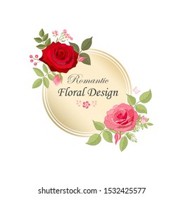 The rose elegant card. Round frame with beautiful bouquet of pink flowers and leaves. Floral arrangement isolated on background.  Invitation of the wedding, birthday. Red. Vector illustration. Peony.