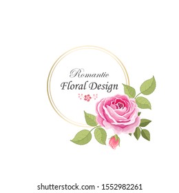The rose elegant card. Round frame with beautiful bouquet of pink flowers and leaves. Floral arrangement isolated on background.  Invitation of the wedding, birthday. Red. Vector illustration. Peony.