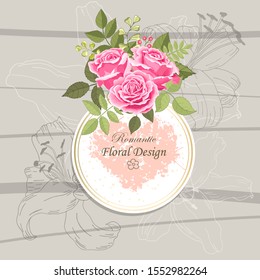 The rose elegant card. Round frame with beautiful bouquet of pink flowers and leaves. Floral arrangement isolated on background.  Invitation of the wedding, birthday. Red. Vector illustration. Peony.