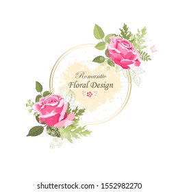 The rose elegant card. Round frame with beautiful bouquet of pink flowers and leaves. Floral arrangement isolated on background.  Invitation of the wedding, birthday. Red. Vector illustration. Peony.