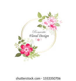 The rose elegant card. Round frame with beautiful bouquet of pink flowers and leaves. Floral arrangement isolated on background.  Invitation of the wedding, birthday. Red. Vector illustration. Peony.