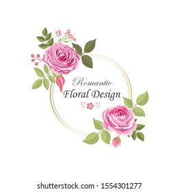 The rose elegant card. Round frame with beautiful bouquet of pink flowers and leaves. Heart. Flower composition. Lily. Invitation of the wedding, birthday. Red. Vector illustration. Peony