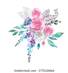The rose elegant card. A spring decorative bouquet of roses flowers. Small floral garland. Vector illustration.