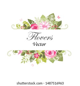 The rose elegant card. Square frame with beautiful bouquet of pink flowers and leaves. Floral arrangement isolated on background.  Invitation of the wedding, birthday. Red. Vector illustration. 