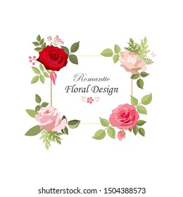The rose elegant card. Square frame with beautiful bouquet of pink flowers and leaves. Floral arrangement isolated on background.  Invitation of the wedding, birthday. Red. Vector illustration. 