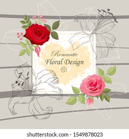 The rose elegant card. Square frame with beautiful bouquet of pink flowers and leaves. Floral arrangement isolated on background.  Invitation of the wedding, birthday. Red. Heart. Vector illustration.