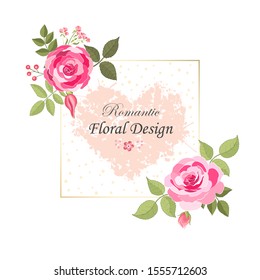 The rose elegant card. Square frame with beautiful bouquet of pink flowers and leaves. Floral arrangement isolated on background.  Invitation of the wedding, birthday. Red. Heart. Vector illustration.