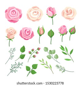 Rose elements. Pink and white roses flowers with green leaves and buds. Watercolor floral romantic wedding decor. Isolated vector set