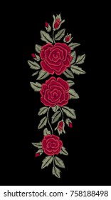 Rose. Embroidered red flowers. Vector print.
