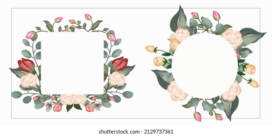 Rose empty circle and square frame set. Illustration for wedding concept with flowers. Vector arrangements for greeting card or invitation design.
