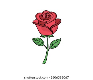  Rose Enchantment. Flower, red rose isolated, Dark red rose with green leaves. Vector