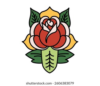  Rose Enchantment. Flower, red rose isolated, Dark red rose with green leaves. Vector