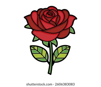  Rose Enchantment. Flower, red rose isolated, Dark red rose with green leaves. Vector