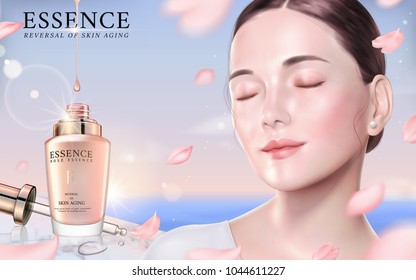 Rose essence ads, elegant model with droplet bottle and flying petals in 3d illustration, bokeh nature background