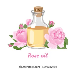 Rose Essential Oil. Glass bottle with rose oil and fresh flowers isolated on white background. Vector illustration in cartoon flat style.