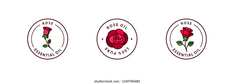 Rose essential oil icon set in trendy linear style. Vector round badge oils for aromatherapy. Logo template for cosmetics Isolated on white background