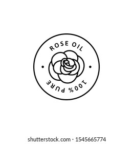 Rose essential oil icon in trendy linear style. Vector round badge oils for aromatherapy. Logo template for cosmetics Isolated on white background