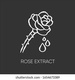 Rose extract chalk white icon on black background. Flower petals. Fragrant component. Herbal toner. Floral serum. Aromatherapy with essential oils. Isolated vector chalkboard illustration