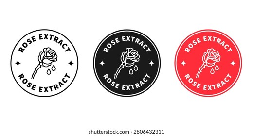 Rose Extract Label Sticker Set for Cosmetic Skincare Packaging. Round Natural Beauty Badge Collection with Rose Flower Icon Isolated on White Background