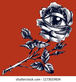 Rose and eye. Hand-drawn vector surreal illustration. Unusual symbolic drawing for your logo design.