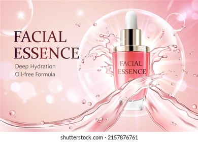 Rose Facial Essence Ad Template. 3D Dropper Bottle In Big White Bubble With Two Liquid Splashing Across On Shiny Pink Background