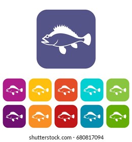 Rose fish, Sebastes norvegicus icons set vector illustration in flat style in colors red, blue, green, and other