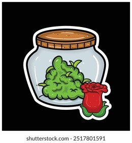 Rose Flavor With Cartoon Mascot of Weed Bud On Jar. For Sticker and label. Vector and Illustration.