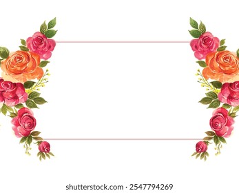 Rose floral background with frame. Watercolor leaves frame with rose flower. Watercolor Rose Floral Background with Frame, Hand-painted Rose Flower and Leaves