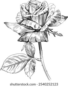 Flor botânica floral rosa. Flor selvagem de folha de primavera selvagem isolada. Arte em tinta gravada em preto e branco. Elemento de ilustração isolado sobre fundo branco.