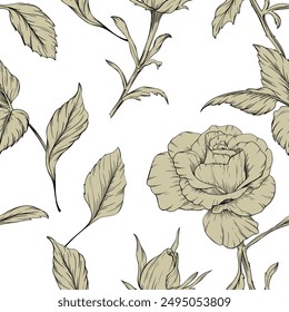 Rose floral botanical flowers. Wild spring leaf wildflower isolated. Black and white engraved ink art. Seamless background pattern. Fabric wallpaper print texture.