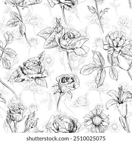 Rose floral botanical flowers. Wild spring leaf wildflower isolated. Black and white engraved ink art. Seamless background pattern. Fabric wallpaper print texture.