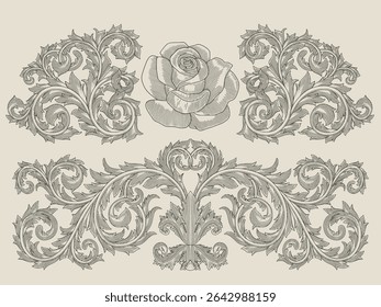 Rose and floral ornament set, Vintage engraving drawing style illustration
