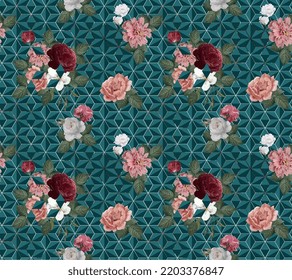 patrón floral rosa con fondo geométrico de color 