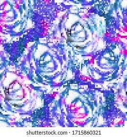 Rose floral pattern seamless design. Abstract colorful modern pixel art, repeat background, wallpaper, texture, template, blue, pink, red, violet vector illustration