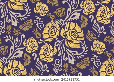 Rose Blumenmuster nahtlose Paisley Stickerei auf dunklem Hintergrund. Silhouette Blumenmotiv Hintergrund Rand ethnisch Barock Stil abstrakte Vektorgrafik Vintage Design für Print-Vorlage.