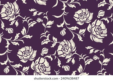 Rose Blumenmuster nahtlose Paisley Stickerei auf dunklem Hintergrund. Silhouette Blumenmotiv Hintergrund Rand ethnisch Barock Stil abstrakte Vektorgrafik Vintage Design für Print-Vorlage.