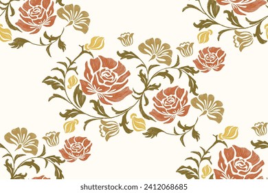 Rose Floral pattern seamless paisley embroidery on white background. Silhouette flower motif background border ethnic Baroque style abstract vector illustration vintage design for print template.