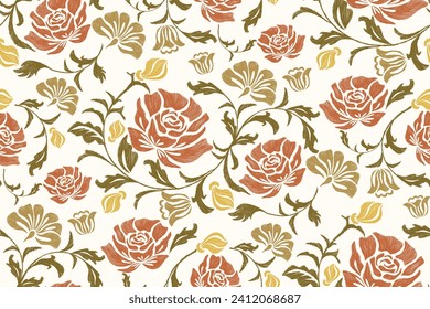 Rose Floral patterns seamless embroidery ethnic batik vintage retro. Rose Flower motifs paisley batik print template. Bohemian watercolour flowers ikat design hand drawn. Vector illustration. 