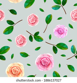 Rose floral seamless pattern with blooming pink and yellow flowers, green leaves on blue gray background. Nature spring blossom repeat texture design. Blossom roses summer, autumn elegant pattern