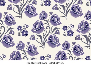 Rose Floral seamless pattern embroiders. Flower bouquet motifs damask rose pattern seamless with Ikat embroidery traditional design. Vector illustration