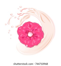 Rose flower against the background of splash of vanilla cream or moisturizing milk.Design cosmetics product isolated on white.